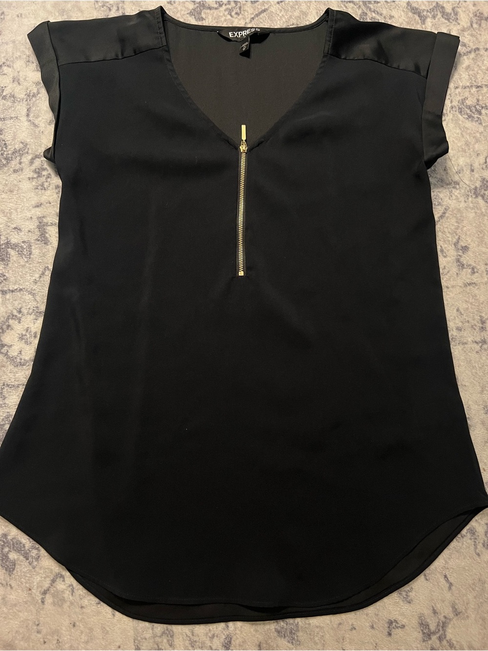 Express Black V-Neck Zip Cap-Sleeve Blouse